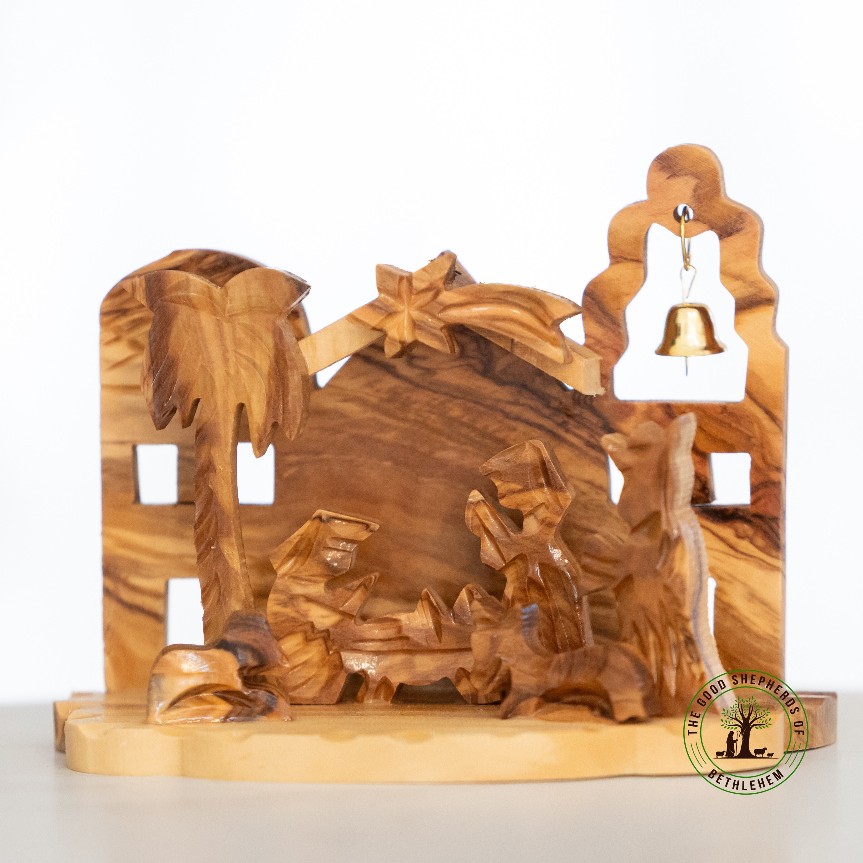 Olive wood Nativity Scene with Bell, One piece wooden nativity Set handmade in the Holy Land, Christmas Nativity secene Decor