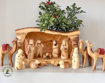 Olive wood nativity set, olive wood nativity set in a cave, hand carved nativity scene, wood nativity set made in the Holy Land