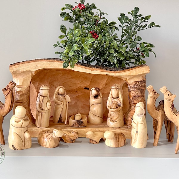 Olive wood nativity set, olive wood nativity set in a cave, hand carved nativity scene, wood nativity set made in the Holy Land