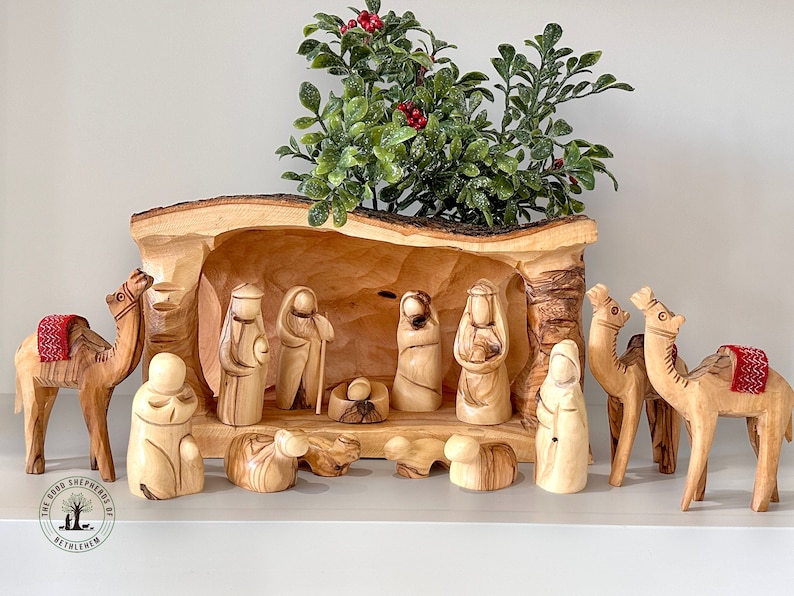 Olive wood nativity set olive wood nativity set in a cave hand carved nativity scene wood nativity set made in the Holy Land Christmas gift
