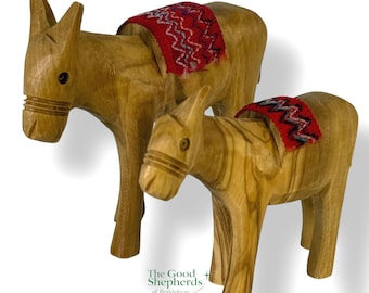 Hand-Carved Olive Wood Donkey Figurines – Detailed Nativity Donkeys from the Holy Land | Donkey Figurine for Nativity | Christmas Decor