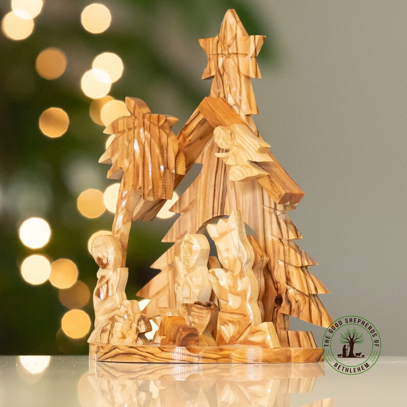 One-piece Olive Wood Nativity Scene | Hand-carved Holy Family ...