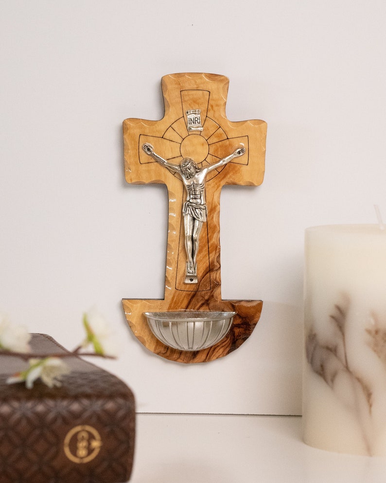 Olive wood Holy Water font Crucifix for home, Home blessing gift, Holy Water font made in Bethlehem, the Holy Land