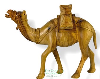 Large Hand-Carved Olive Wood Camel – Highly Detailed Camel Sculpture from the Holy Land | Bethlehem Handmade Nativity Camel