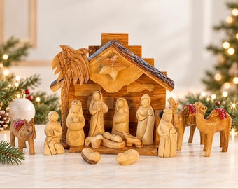 Hand-Carved Olive Wood Musical Nativity Set from Bethlehem- Indoor Nativity Scene -  Holy Land Christmas Creche - Unique Gift