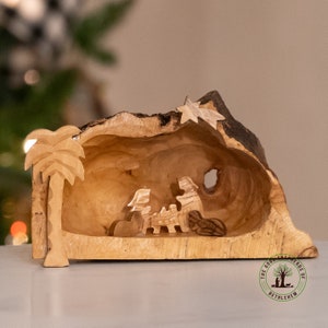 Olive Wood Nativity Cave, Christmas Nativity, Nativity Scene carved inside of a Solid Piece of Olive wood Branch, hand made in the holy land