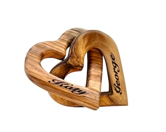 Ciondolo In Legno D'ulivo Personalizzato Cuori Intrecciati – Con Nomi E Data Incisi, Regalo Romantico Per San Valentino, Nozze O Anniversario