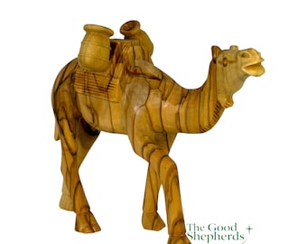 Highly Detailed Olive Wood Camel with Water Jugs – Hand-Carved Camel Figurine from the Holy Land | Perfect Addition to Nativity Scene