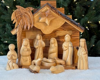 Hand-Carved Olive Wood Musical Nativity Set from Bethlehem- Indoor Nativity Scene -  Holy Land Christmas Creche - Unique Gift