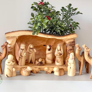 Olive wood nativity set olive wood nativity set in a cave hand carved nativity scene wood nativity set made in the Holy Land Christmas gift