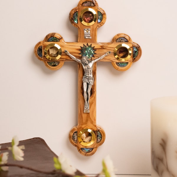 7 inch Olive wood Cross with Mother of Pearl, 7 inch olive wood Cross Crucifix with Relics from the Holy Land, Wall Hanging Cross for home