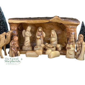 Olive Wood Nativity Set Carved Inside Olive Tree Branch | nativity scene set, indoor Christmas nativity scene, christmas decor and gift