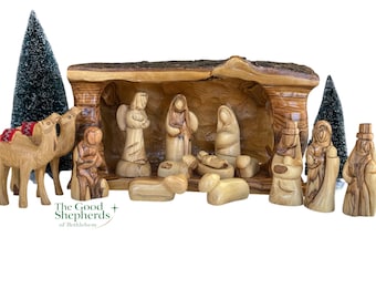 Olive Wood Nativity Set Carved Inside Olive Tree Branch | nativity scene set, indoor Christmas nativity scene, christmas decor and gift