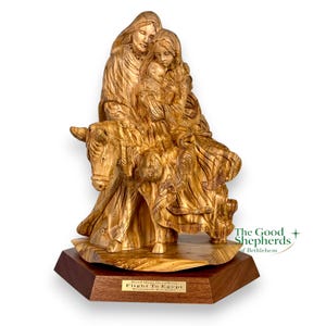 Olive Wood Holy Family Flight to Egypt Sculpture | Large Hand-Carved Holy Family Statue | Bethlehem Art | Religious Nativity Decor