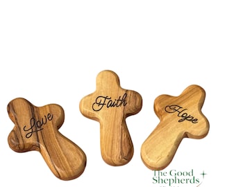 Olive Wood Pocket Cross | Mini Wooden Comfort Cross Engraved with Faith, Hope & Love | Holy Land Gift for Purse, Backpack, or Pocket