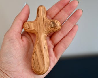 Olive wood comfort cross, hand holding olive wood comfort cross, wooden palm cross, religious Christmas gift, Stocking Stuffers