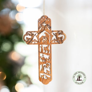 Adorno de belén de madera de olivo, Adorno de belén con cruz, Adorno de árbol de Navidad de madera de olivo tallada a mano, Adorno para árbol de Navidad