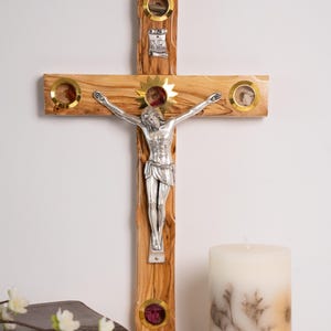 14&quot;  Large Wall Hanging Crucifix, Olive wood Crucifix with Holy Relics, Olive wood Crucifix handmade in Bethlehem, the Holy Land