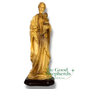 Saint Joseph and Baby Jesus Olive Wood Statue | Hand Carved Holy Land Sculpture with Flowers | Catholic Religious Gift, Christian Home Decor
