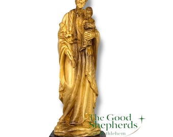 Saint Joseph and Baby Jesus Olive Wood Statue | Hand Carved Holy Land Sculpture with Flowers | Catholic Religious Gift, Christian Home Decor