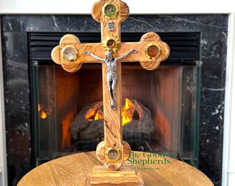 Standing Olive Wood Crucifix from the Holy Land – Handmade Bethlehem Crucifix with Relics, 13 inches Table Top Crucifix, Mantle Crucifix