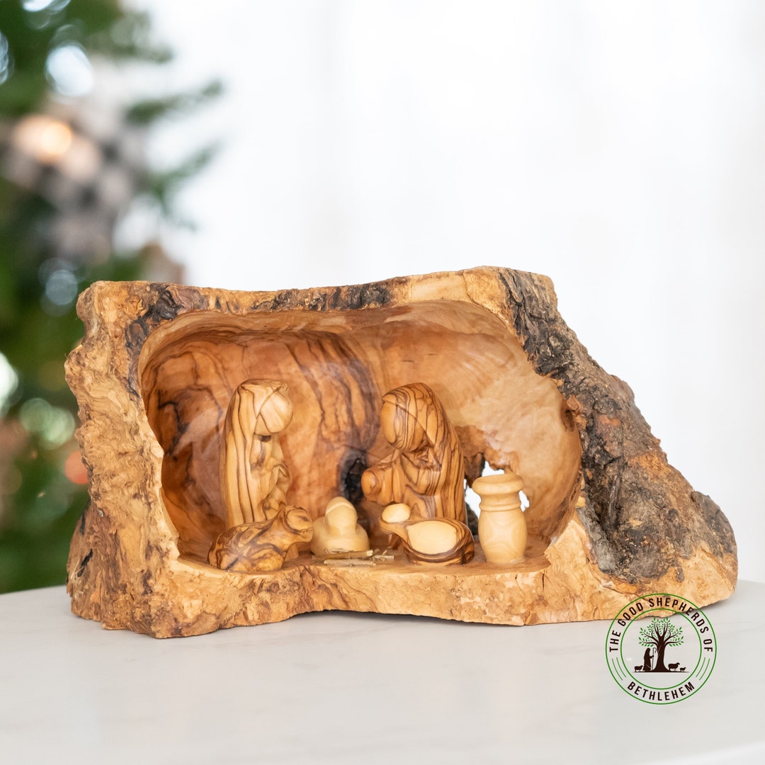 Olive Wood Nativity Set Inside Olive Wood Tree Cave, Hand Carved in the