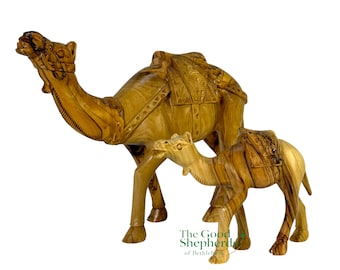 Hand-Carved Olive Wood Camel with Saddle from the Holy Land | Highly Detailed Nativity Camel Figurine |  - Camel Figure for Nativity
