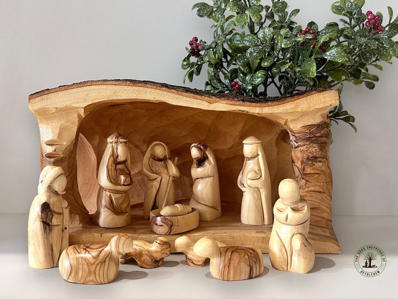 Olive wood nativity set- Full Set in Cave with Camels