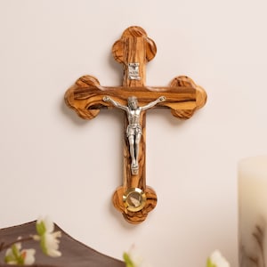 Olive wood wall crucifix,  Olive wood Hanging Wall Crucifix with Stone Relic from the Holy Land, Cross for kids Room