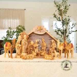 Olive wood musical Nativity set, olive wood nativity scene hand carved in Bethlehem, the Holy Land, wooden nativity set, Christmas decor