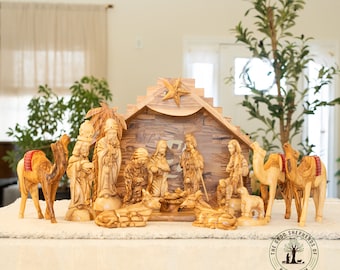 Olive wood Nativity set, olive wood nativity scene hand carved in Bethlehem, the Holy Land, wooden nativity set, Christmas decor