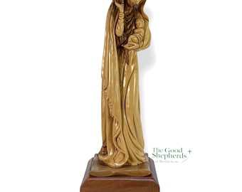 Olive Wood Virgin Mary & Baby Jesus Statue 12 inches,Hand Carved Holy Land Sculpture,  Modest Madonna with Scarf, Christian Motherhood Gift