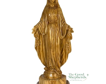 Large 17.5 inches Hand-Carved Olive Wood Blessed Virgin Mary Statue – Our Lady of Grace from Bethlehem | Christian Home & Church Decor
