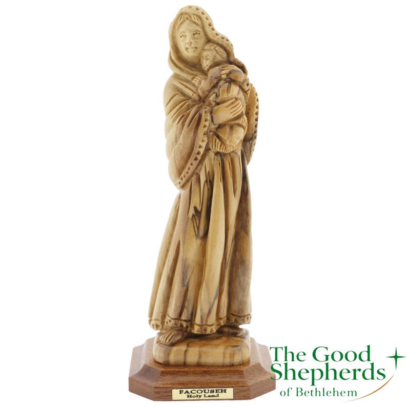 Hand Carved Olive Wood Mother Mary and Child Statue | Virgin Mary Baby ...