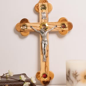 13&quot; Large Wall Hanging Crucifix, Olive wood Crucifix with Holy Relics, Olive wood Crucifix handmade in Bethlehem, the Holy Land