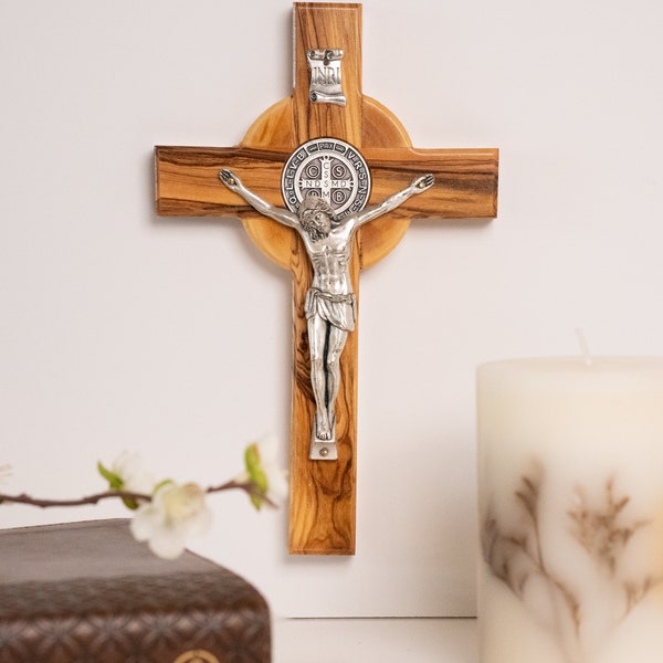 6.5" Olive wood St. Benedict cross, wall hanging wooden St. Benedict made in the Holy Land, Saint Benedict Crucifix