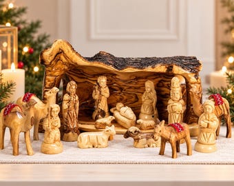 Olive Wood Nativity Set with Detailed Figurines, Wooden Hand Carved Nativity Scene, Made in Holy Land, Indoor Nativity Scene,Christmas Gift