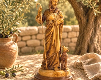 Handgemaakt beeld van olijfhout van goede herder 12 inch | Jezus met lam beeldje | Heilig Landsnijwerk | Christelijk cadeau | Religieus interieur