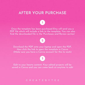May include: Pink background with white text outlining the steps to use a Canva template after purchase. The steps are numbered 1, 2, and 3. The text includes the words "Etsy", "PDF", "Canva", and "CREATEBYTEE".