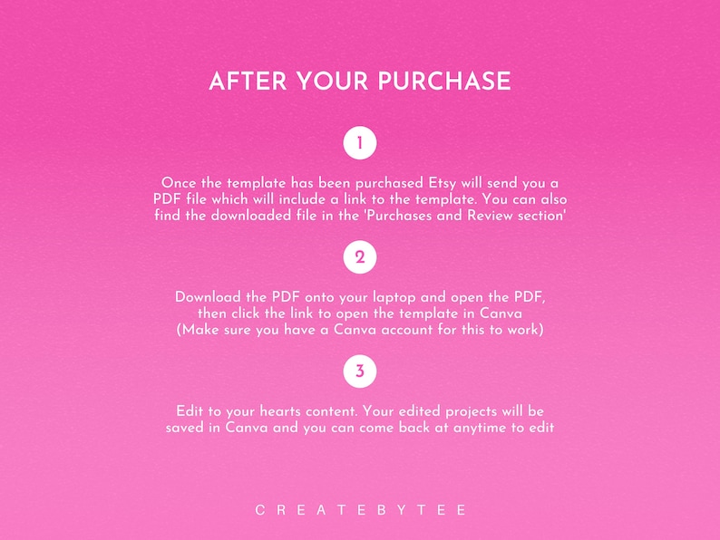 May include: Pink background with white text outlining the steps to use a Canva template after purchase. The steps are numbered 1, 2, and 3. The text includes the words "Etsy", "PDF", "Canva", and "CREATEBYTEE".