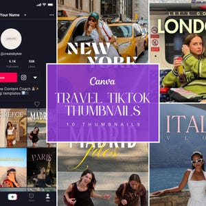 Puede incluir: Un collage de 10 miniaturas de TikTok de viajes que presentan varios destinos, entre ellos Londres, Nueva York, Grecia, Madrid, Hawái, París e Italia. Las miniaturas muestran personas en diferentes lugares, con superposiciones de texto que indican el destino y la frase "Miniaturas de TikTok de viajes".