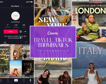 Plantillas de miniaturas de TikTok / Kit de miniaturas de viajes / Estilo de vida y viajes / 10 plantillas de Canva