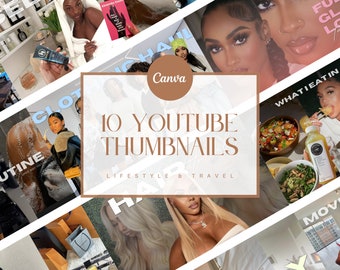 Plantillas de miniaturas de YouTube / Kit de estilo de vida, viajes y belleza / Plantillas de YouTube / 10 plantillas de Canva