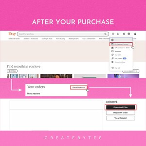 May include: Screenshot of an Etsy website showing the steps to download digital files after a purchase. The Etsy website shows a menu with options for purchases, messages, your orders, and your account. The image shows a white box with the text "Delivered" and a button that says "Download Files".