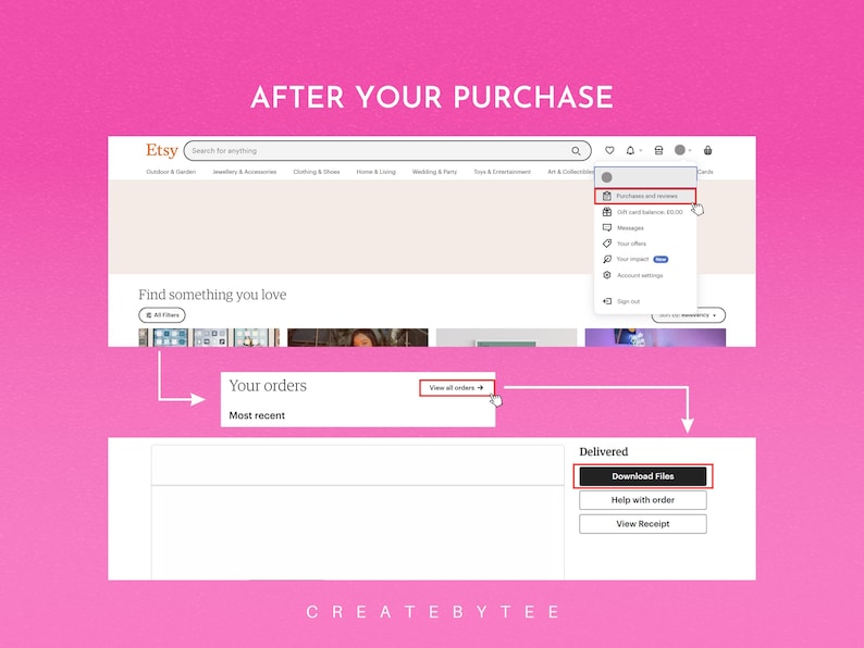 May include: Screenshot of an Etsy website showing the steps to download digital files after a purchase. The Etsy website shows a menu with options for purchases, messages, your orders, and your account. The image shows a white box with the text "Delivered" and a button that says "Download Files".