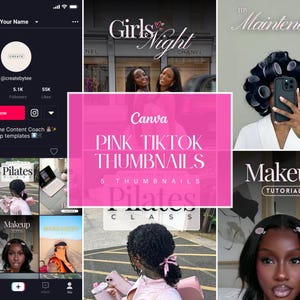 Puede incluir: Una plantilla Canva rosa con el texto "PINK TIKTOK THUMBNAILS" y "5 THUMBNAILS" en texto blanco. La plantilla está dividida en seis secciones, cada una con una imagen diferente. Las imágenes incluyen una mujer con el pelo en rulos, una mujer haciendo pilates, una mujer con el pelo recogido en un moño, una mujer con el pelo recogido en una coleta, una mujer con el pelo recogido en una trenza y una mujer con el pelo recogido en un moño. Las imágenes están todas en una gama de colores rosa.