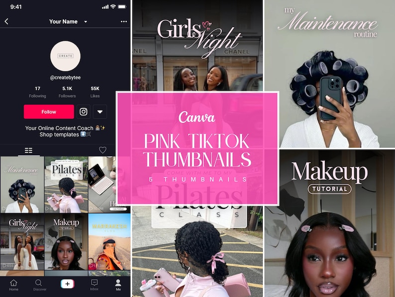 May include: A pink Canva template with the text "PINK TIKTOK THUMBNAILS" and "5 THUMBNAILS" in white text. The template is divided into six sections, each with a different image. The images include a woman with her hair in rollers, a woman doing pilates, a woman with her hair in a bun, a woman with her hair in a ponytail, a woman with her hair in a braid, and a woman with her hair in a bun. The images are all in a pink color scheme.
