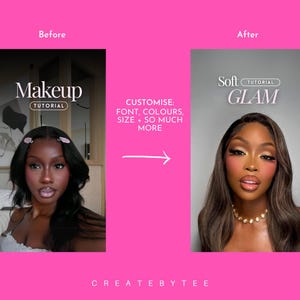May include: Before and after image showing a makeup tutorial. The before image shows a person with dark skin and dark hair. The after image shows the same person with makeup on, including blush, eyeshadow, and lipstick. The text on the image says "Makeup Tutorial" and "Soft Glam Tutorial".