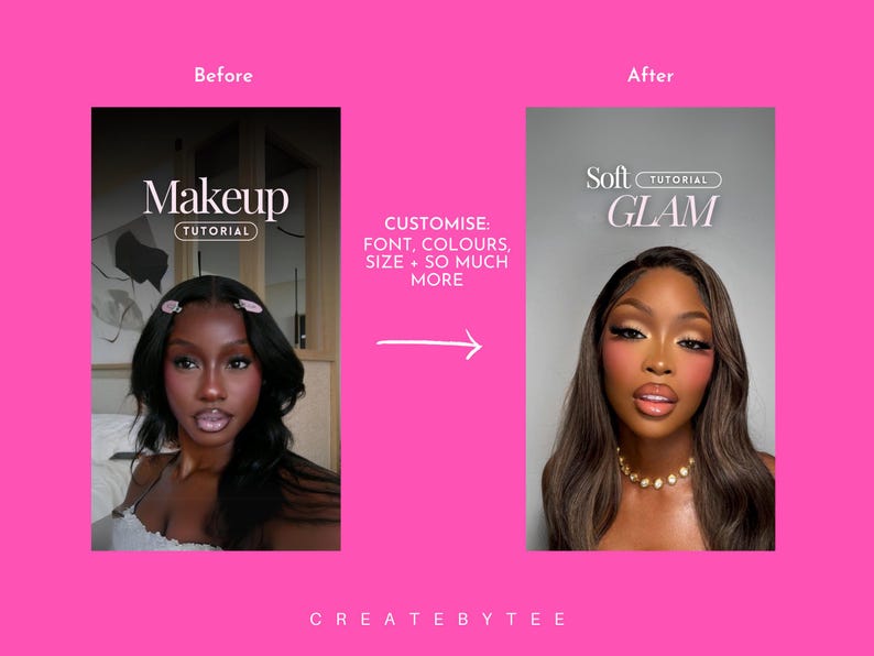 May include: Before and after image showing a makeup tutorial. The before image shows a person with dark skin and dark hair. The after image shows the same person with makeup on, including blush, eyeshadow, and lipstick. The text on the image says "Makeup Tutorial" and "Soft Glam Tutorial".
