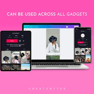 May include: A mockup of a social media post on a laptop, tablet, and phone. The post features a woman in a white robe with the text "Haircare" above her. The post is also displayed on a tablet and phone with a grid of other social media posts.